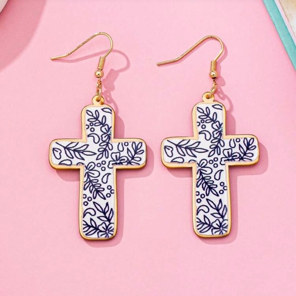 Floral Cross Gold and Blue Earrings - Picture 2 of 4